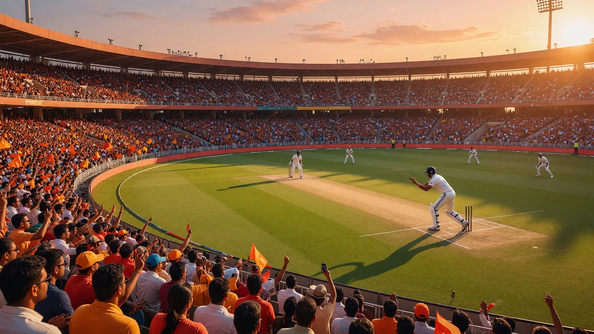 Wide-angle editorial photograph of a packed cricket stadium at golden hour, sunlit pitch with bowler mid-action and batsman in stance