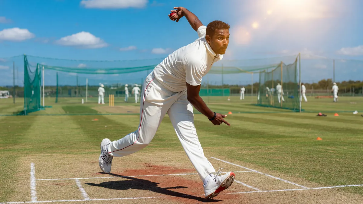 Editorial photograph of a cricket bowler in delivery stride on a Day 2 turning track, sunlit practice session