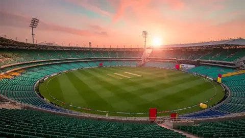 Editorial photograph of a cricket stadium at first light, soft fog over the square, dew visible on the pitch