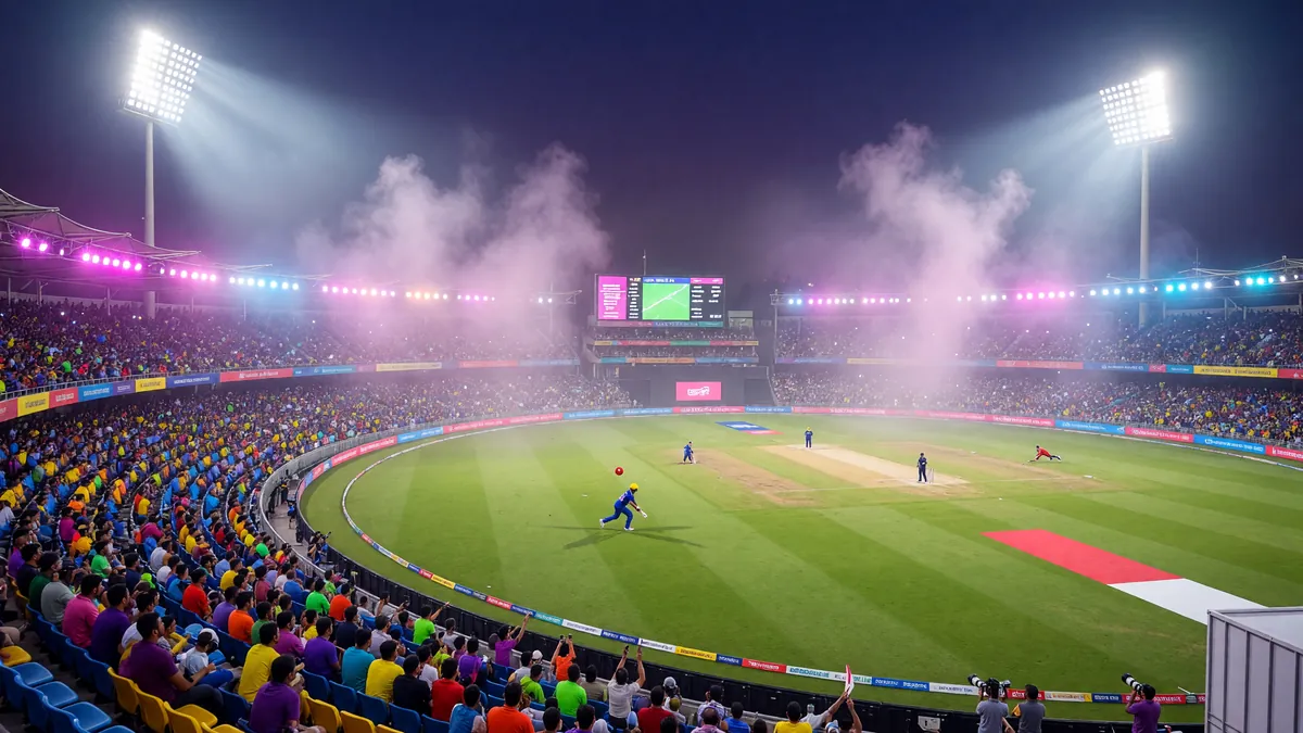 Editorial photograph of a cricket stadium under floodlights during an evening match