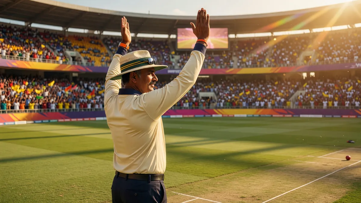 Editorial photograph of a cricket umpire at square leg raising the finger for an lbw decision